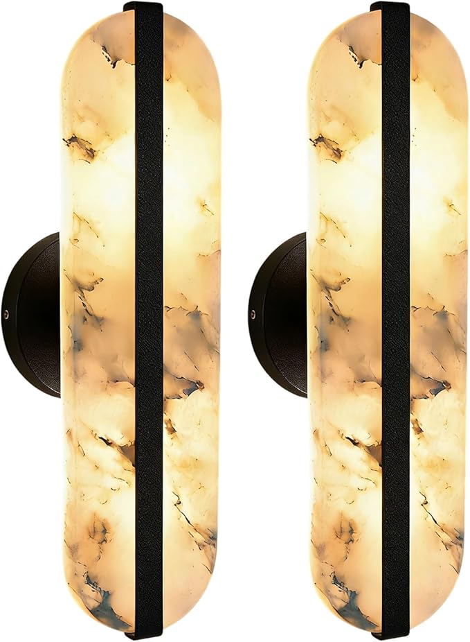 15.7" Natural Alabaster Wall Sconces Marble Wall Sconces Black Bathroom Vanity Wall Light Fixtures Modern Oval Stone Wall Lamp for Bedroom Living Room Hallway Restaurant