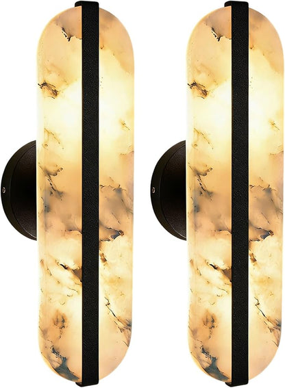 15.7" Natural Alabaster Wall Sconces Marble Wall Sconces Black Bathroom Vanity Wall Light Fixtures Modern Oval Stone Wall Lamp for Bedroom Living Room Hallway Restaurant