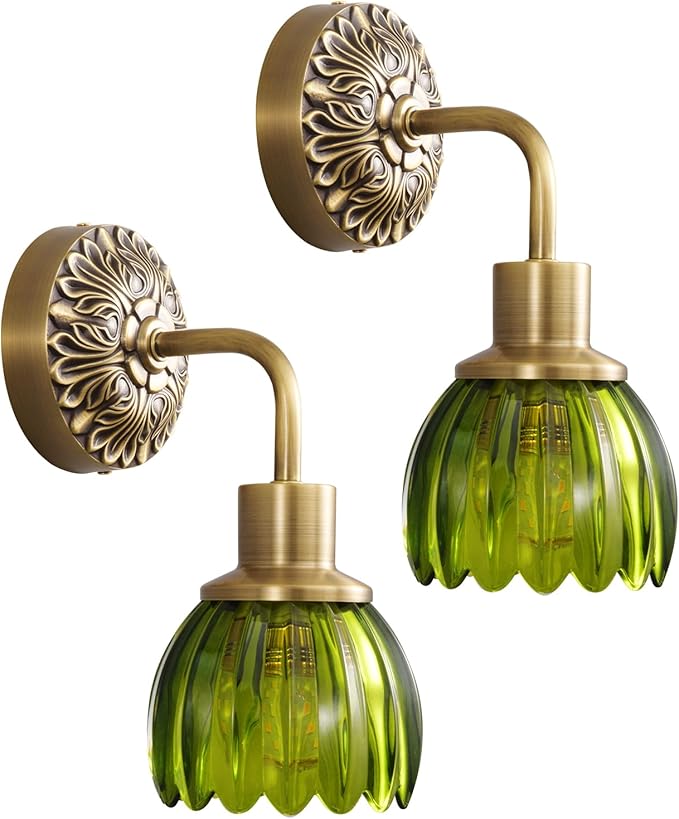 Brass Indoor Hardwired Wall Sconces Set of 2 - Glass Shade, Modern Bedside Lighting for Bedroom, Vanity & Living Room