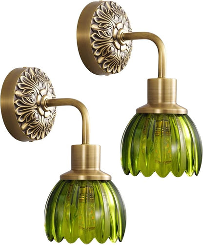 Brass Indoor Hardwired Wall Sconces Set of 2 - Glass Shade, Modern Bedside Lighting for Bedroom, Vanity & Living Room