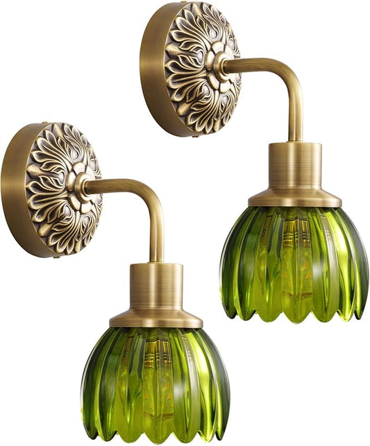 Brass Indoor Hardwired Wall Sconces Set of 2 - Glass Shade, Modern Bedside Lighting for Bedroom, Vanity & Living Room