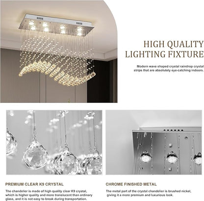 Depuley Modern K9 Crystal Chandelier, 8-Light Rectangle Flush Mount Ceiling Light, Wave Raindrop Crystal Pendant Lighting for Dining Room Kitchen Living Room Bedroom, L31.5'' x W11.8'' x H27.5'