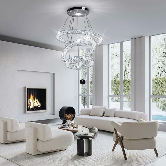 CLAIRDAI Modern Crystal Chandelier LED Chandeliers 3 Ring Pendant Light Adjustable Stainless Steel Ceiling Light Fixture for Dining Room Bedroom Living Room Hallway (6500K Cool White)
