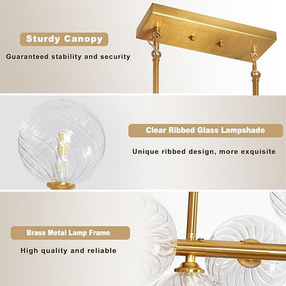 55" Linear Chandelier Swirled Glass Gold Sputnik Chandelier, Long Modern Chandeliers for Dining Room 16-Light Electroplated Brass Large Chandelier Long Dining Room Light Fixture Linear Island Lights