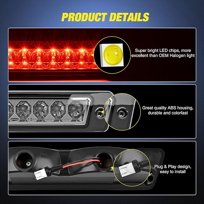 Nilight Third Brake Light Tail High Mount 3rd Stop Lights Smoked Lens Compatible with Ford Mustang LX Hatchback 1987 1988 1989 1990 1991 1992 1993 with Spoiler Version Pickup Truck Rear Center Cab
