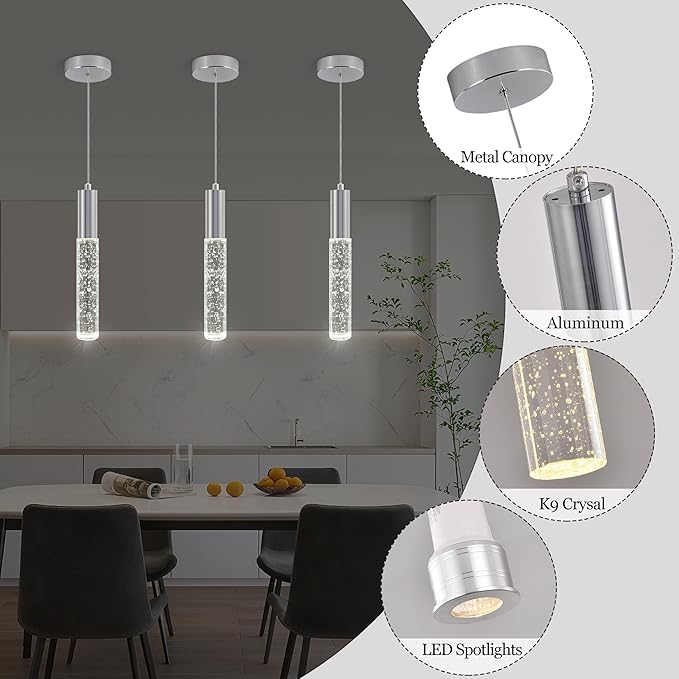 3-Pack Modern Crystal Pendant Light for Kitchen Island, Elegant Chrome LED Bubble Hanging Chandelier Lighting Fixture for Dining Room Bedside
