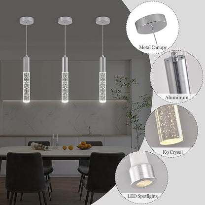 3-Pack Modern Crystal Pendant Light for Kitchen Island, Elegant Chrome LED Bubble Hanging Chandelier Lighting Fixture for Dining Room Bedside