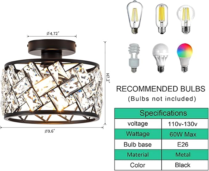 Rpzloila Crystal Ceiling Light Fixture, Modern Semi Flush Mount Ceiling Light,Crystal Chandelier for Kitchen Bedroom Bathroom Entryway, Black Finish