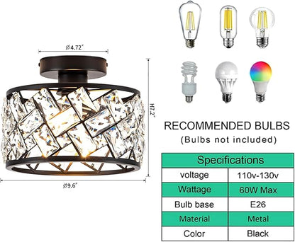 Rpzloila Crystal Ceiling Light Fixture, Modern Semi Flush Mount Ceiling Light,Crystal Chandelier for Kitchen Bedroom Bathroom Entryway, Black Finish