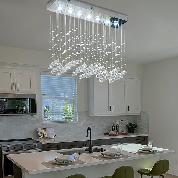 Crystal Chandelier Modern Chandelier 7-Light Rectangular Deluxe Wave Chandelier Ceiling Light Fixture Raindrop Chrome Flush Mount Pendant Lamp for Kitchen Island Bedroom Dining Room