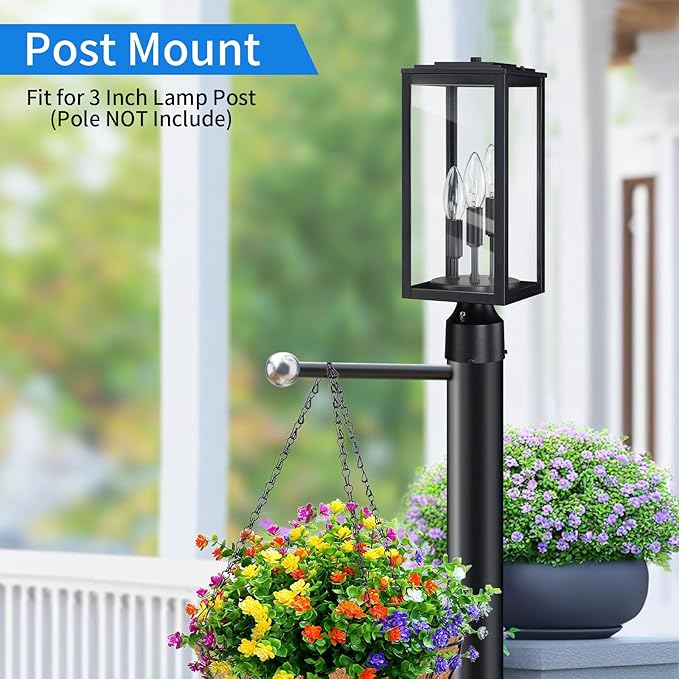 16.6'' Dusk to Dawn Post Light Outdoor, Large 3-Light Lamp Post Light Fixture, Modern Pillar Outside Lighting Waterproof Post Lantern Pole Lights for Porch, 1 Pack (Not Include Mounting Base)