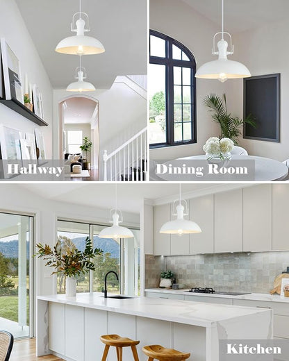 White Pendant Lights Kitchen Island 2 Pack, 13.8 Inch Dome Pendant Light, White Farmhouse Pendant Light, Industrial Pendant Lights for Kitchen Barn Hallway Porch Dining Room