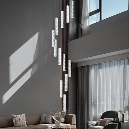 Long Spiral Crystal Chandelier Lighting for Foyer 12-Light Black Staircase Chandelier High Ceiling Slopped LED Dimmable 2700K-6000K
