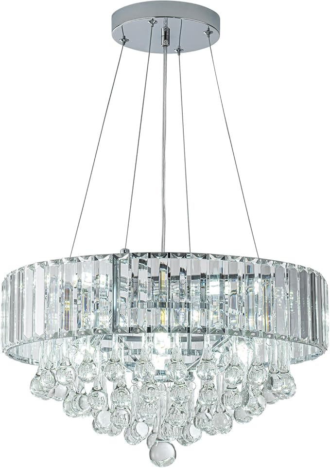 HOPGGIE 17 Inch Crystal Chandeliers Flush Mount Chandelier G9 Base Round Modern Ceiling Light Fixture Pendant Lighting for Living Room Dining Room Laundry Room Kitchen Bedroom (Chrome)