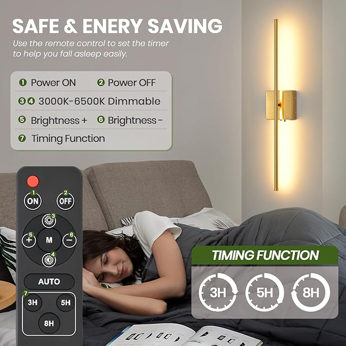 Battery Operated Wall Sconces Set of 2, 11000mAh Wireless Rechargeable Gold Wall Lights with Remote Control, 350°Rotate Dimmable Wall Lamp, 3 Color Temperatures, for Bedroom, Living Room, Hallway