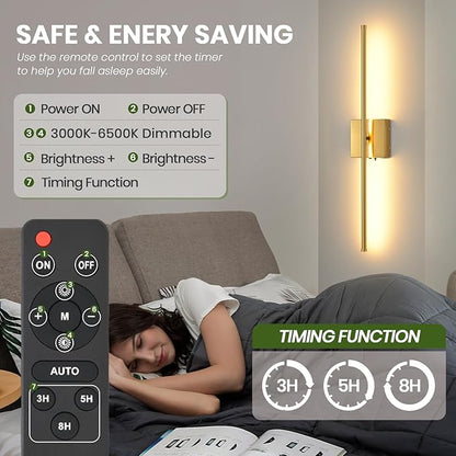 Battery Operated Wall Sconces Set of 2, 11000mAh Wireless Rechargeable Gold Wall Lights with Remote Control, 350°Rotate Dimmable Wall Lamp, 3 Color Temperatures, for Bedroom, Living Room, Hallway