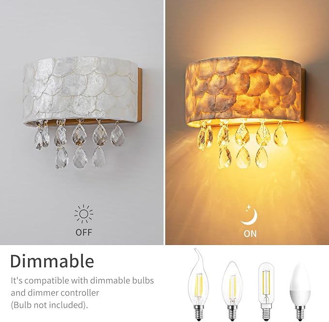LumFurn 2-Light Capiz Shell Crystal Wall Sconces, Coastal Design Indoor Wall Lamp, Vanity Wall Mount Light Fixture for Bathroom, Hallway, Bedroom, Shell Lampshade, Crystal Pendants & Gold Finish