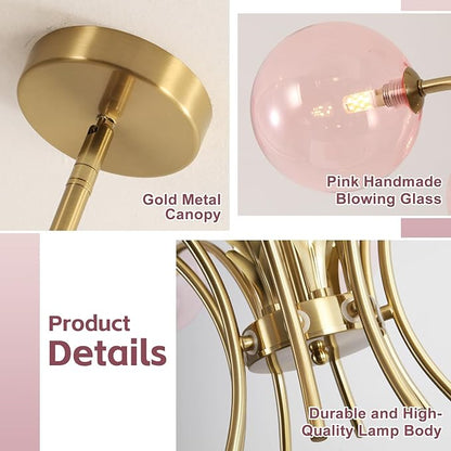 BOKT 8 Pink Ceiling Light Fixture Large Sputnik Vintage Gold Farmhouse Chandelier Rustic Lighting Glass Globe Pendant Lights for Dining Bedroom Living and Girls Room G9 Bulb Included