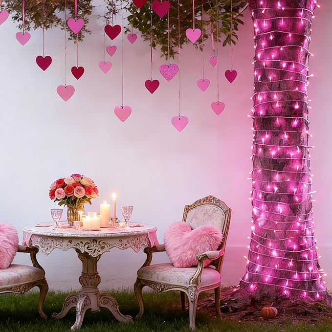 LAMPHOME 200 LED Pink Valentine Lights, 66ft 16 Modes Valentine Room Lights Clear Wire,Connectable Plug in Pink Christmas String Light Indoor Outdoor for Christmas Bedroom Valentines Party