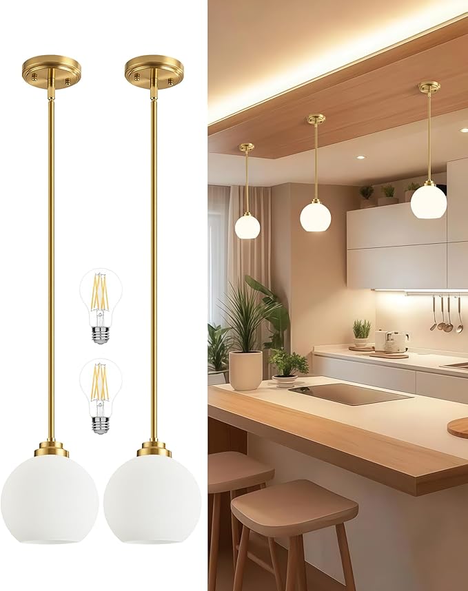 Majade Globe Pendant Lights Kitchen Island Pendant Light Fixtures 7.4 Inch Gold Mid Century Modern Globe Pendant Lighting with Milk Glass Adjustable Hanging Light Fixtures for Dining Room(2 Pack)