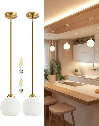 Majade Globe Pendant Lights Kitchen Island Pendant Light Fixtures 7.4 Inch Gold Mid Century Modern Globe Pendant Lighting with Milk Glass Adjustable Hanging Light Fixtures for Dining Room(2 Pack)