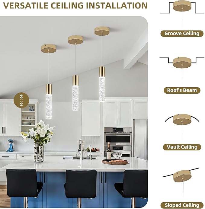OKELI Modern Pendant Light,3 Color LED Bubble Crystal Island Light Fixtures,Gold Mini 3CCT Pendant Lighting for Kitchen Island,Bar,6W,3000-6000K,ETL(3 Pack