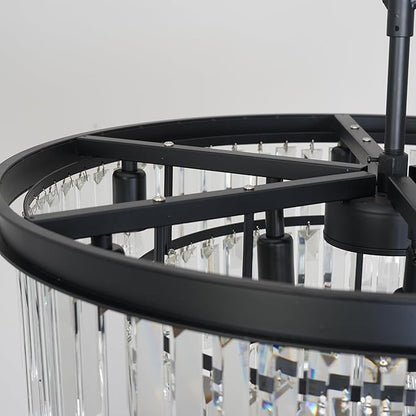 24'' Modern Crystal Chandelier, Black Round Ceiling Light with Clear Prisms, Luxury Flush Mount Lighting Fixture for Dining Room Bedroom Foyer