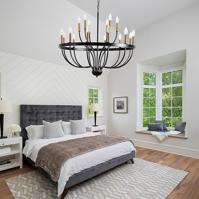 Modern Farmhouse Chandelier for Dining Room 18 Lights,Black and Gold Chandelier Light Fixture,Adjustable Height Hanging Candle Pendant Lighting for Kitchen Island (Black&Gold 18-Lights)