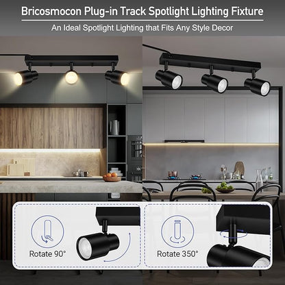Plug-in Track Lighting LED, Track Light Fixtures Ceiling, Black Plug in Wall Lights with 14.8ft Cord, 3 Way Ceiling Spotlight for Kitchen, Rotatable Light Head for Bedroom Hallway(GU10 Socket,NO Bulb)
