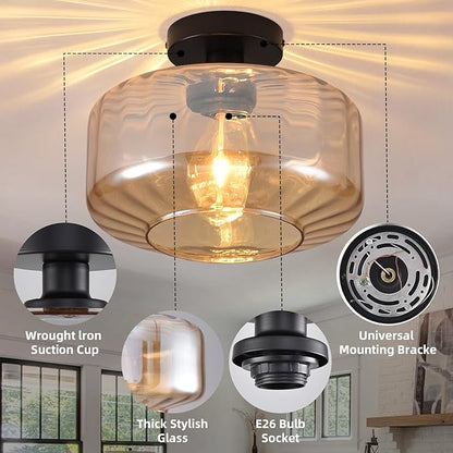 Glass Semi Flush Mount Ceiling Light, Modern Close to Ceiling Light Fixtures with Amber Glass Shade, 11" Round Light Fixtures Ceiling Mount for Bathroom Dining Room Bedroom Living Room Hallway, E26