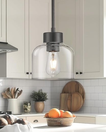Black Pendant Lights Kitchen Island, 7" Hanging Lights Fixtures with Clear Glass Shade, Modern Kitchen Pendant Lighting Over Island for Dining Room, AD-24024-1P-BK