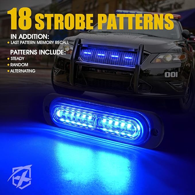 Xprite Blue LED Emergency Strobe Lights Kit, Surface Flush Mount Grill Grille Hazard Warning Safty Flashing Police Light for Volunteer Vehicles Off-Road Trucks Cars SUV ATV UTV Motorcycle - 4PCS