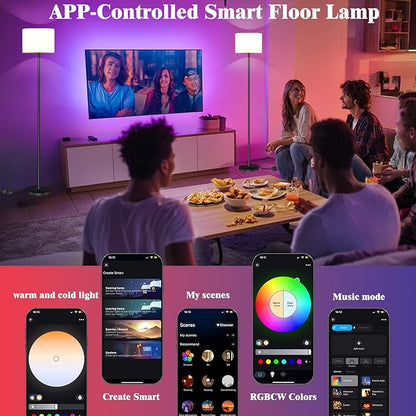 Qaubauyt Smart LED Floor Lamp with APP Control & RGB Colors - Dimmable Standing Lamp for Living Room, Bedroom, Gaming - Remote, Timer, 9W Bulb Included, 60.6" Modern Tall Lamp (White)