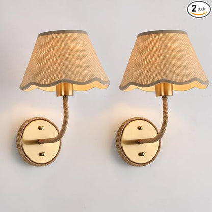 Boho Hand Woven Rattan Wall Sconces Set of Two Gold Rustic Wall Lamp with Grass-Woven Lampshade Hardwire Brass Farmhouse Wall Lights for Bedroom Living Room Hallway Vanity