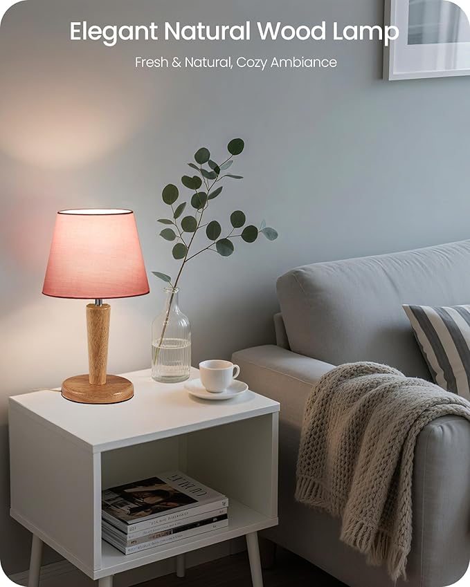 12" Wood Bedside Table Lamps Set of 2, Small Desk Lamps for Small Places, 3 Color Temperatures with Memory, Pink Linen Shade & E26 Bulbs, for Bedroom Living Room Office MP13TLP205