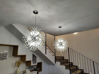 Modern Dandelion Firework Chandelier, Chrome Dining Room Chandelier, Crystal Hanging Pendant Lighting Fixture for Living Room, Bathroom, Bedroom, Entryway, 12-Light
