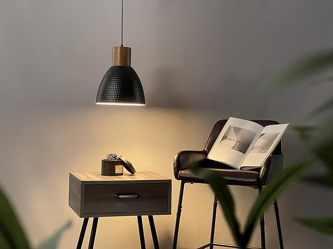 ELYONA Hammered Pendant Light, 10.2” Industrial Hanging Lamp with Solid Wood & Metal Shade, Modern Pendant Light Fixtures for Kitchen Island, Bar, Farmhouse Dining Room, Bedroom, Living Room, Black