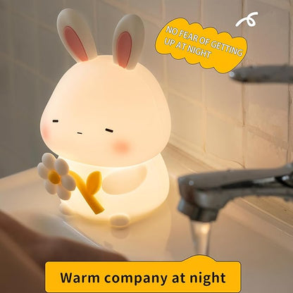 Led Cute Flower Bunny Night Light, Dimmable Timer Kawaii Lamps, Super Squishy Silicone USB Rechargeable Touch Control Night Lamp, Used for Camping Party Room Decor (Bunny with Flower)