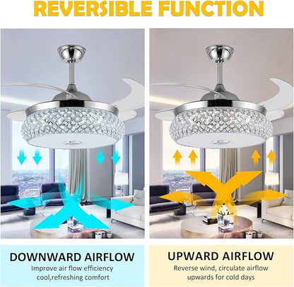 42" Invisible Ceiling Fan Chandelier with Light and Bluetooth Speaker,Modern 3 Color Change Crystal Ceiling Fan Light Remote Control 4 Retractable ABS Blades for Bedroom