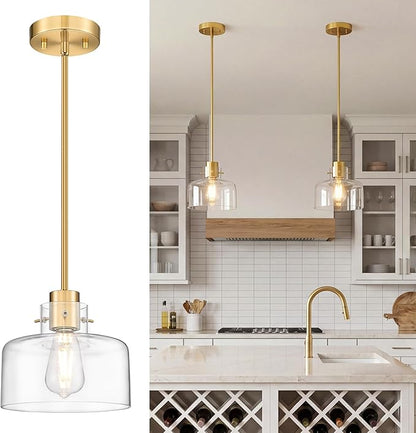 Pendant Lights Kitchen Island, 8" Brushed Gold Pendant Light Fixtures Over Island with Clear Glass Shade, Modern Brass Kitchen Island Lighting for Dining Room Entryway, PL124-BG-G-1PL
