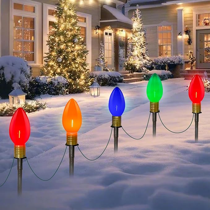 2 Pack C9 Christmas Pathway Stake Lights, 14Ft Total Outdoor Christmas Decorations with 8 Jumbo Multicolor LED Bulbs, Energy Saving Walkway Lights for Lawn Yard Garden Driveway Sidewalk Holiday Decor