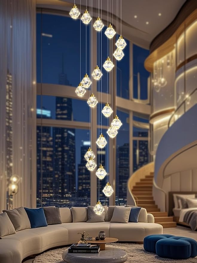 20-Light Modern Chandelier for Foyer Crystal Chandeliers for Living Room Gold Pendant Light Fixture Staircase Chandelier for High Ceilings Dimmable LED Hanging Light with Remote