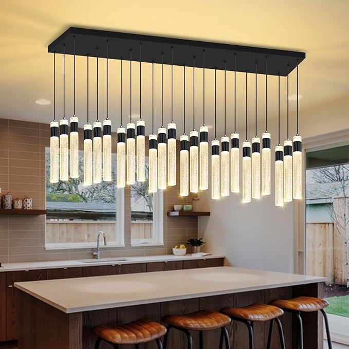Glam Rectangular Crystal Column Chandelier for High Ceiling 24-Lights Black LED Dimmable Long Crystal Chandelier for Foyer Living Room Adjustable Height