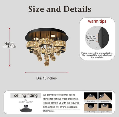 Flashing God 16" Small Crystal Chandelier LED Ceiling Light Fixtures Stainless Steel Flush Mount Ceiling Chandeliers Light for Bedroom,Foyer,Hallway