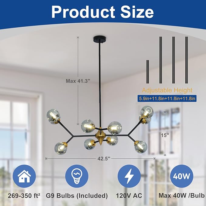 Depuley Glass Globe Sputnik Chandelier: 10-Light Modern Matte Black and Gold Ceiling Light Fixture - Vintage Hanging Chandeliers for Living Room Kitchen Dining Room Bedroom (Included G9 Bulbs)