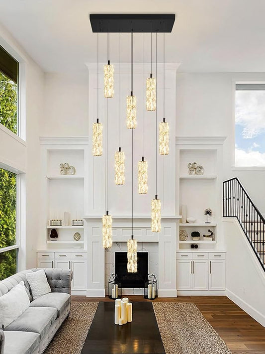 ykolupty Modern Crystal Chandelier 10-Lights Rectangle Pendant Light LED Dimmable Black Linear Chandelier Flush Mount Crystal Pendant Light for Living Room Dining Room Foyer