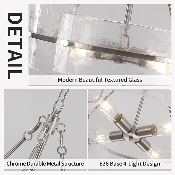 Modern Glass Dining Room Chandelier, 22 inch Brushed Nickel Drum Kitchen Island Light Fixture Luxury Textured Glass Water Ripple Crystal Chandeliers for Living Room Foyer Bedroom