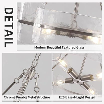 Modern Glass Dining Room Chandelier, 22 inch Brushed Nickel Drum Kitchen Island Light Fixture Luxury Textured Glass Water Ripple Crystal Chandeliers for Living Room Foyer Bedroom