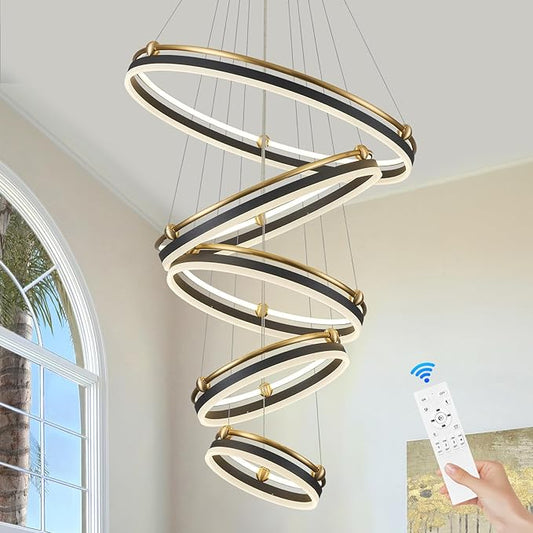 Benkut 5-Rings Modern LED Chandelier Black Gold Dimmable Large High Ceiling Chandeliers Foyer, Remote Pendant Lighting for Foyer Entryway Dining Room Living Room Staircase(10-Ring Lighting, D30in)