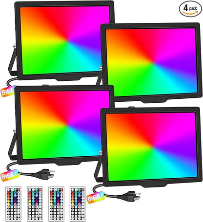 100W LED Flood Light with Remote & 6.6Ft Cable, Christmas Floodlight RGB IP66 Waterproof Color Changing, 5000K White Daylight, Timing Waterproof Landscape Light, Outdoor Uplight for Event, 4 Pack
